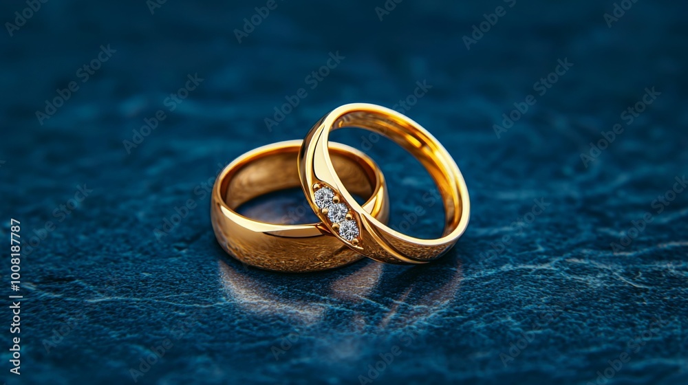 Golden Wedding Rings on Textured Blue Surface Golden Wedding Rings on Textured Blue Surface