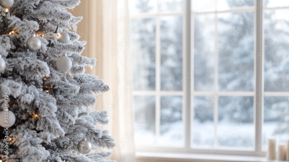 Serene winter scene with a snow-covered Christmas tree, soft blur in the background, and clear windows for a peaceful holiday view Serene winter scene with a snow-covered Christmas tree, soft blur in the background, and clear windows for a peaceful holiday view