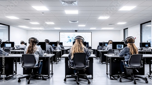 Students using AR headsets to interact with quantum simulations in a minimalistic classroom designed for futuristic learning experiences, with ample space for copy.