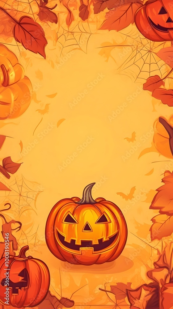 Charming Halloween Cartoon Background with Pumpkins and Autumn Leaves Charming Halloween Cartoon Background with Pumpkins and Autumn Leaves