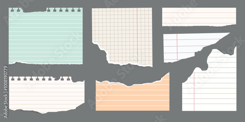 Collage Set elements for scrapbook. Trendy retro vintage paper cut, notebook sheet. Old rip torn paper collection. Craft retro gazettes, grunge papers collection. Isolated Vector illustration.