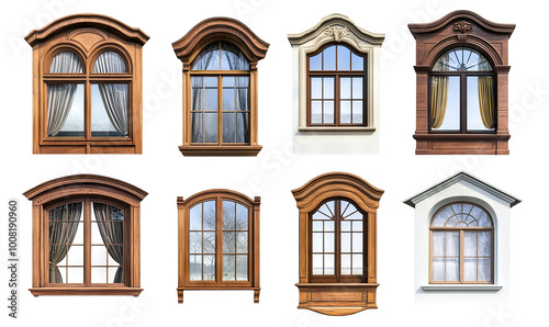 Set of different wooden windows isolated on transparent cutout background