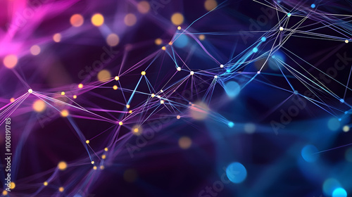 Abstract background with interweaving of colored lines and dots. Network connection structure. Data exchange. 3D