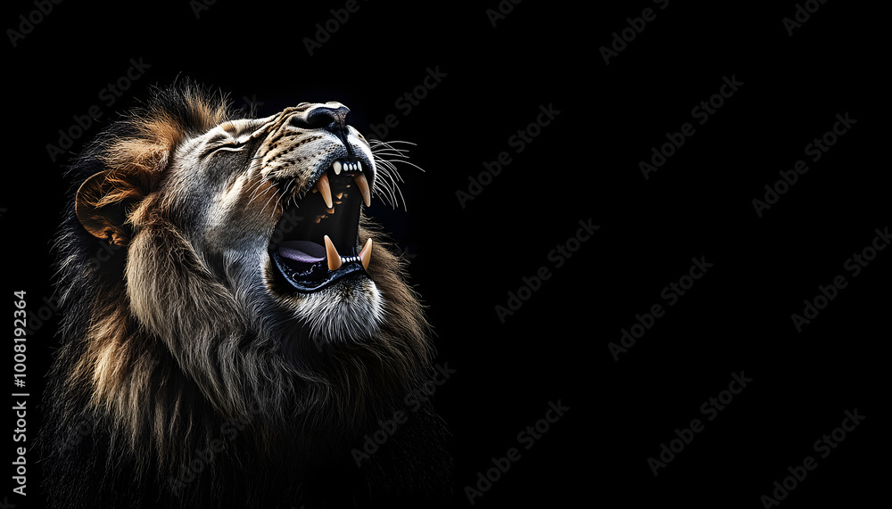 Naklejka premium Portrait lion Roaring with Black background, copy space. Generative ai