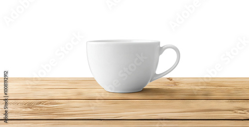 White cup on a wooden table, isolated on transparent cutout background