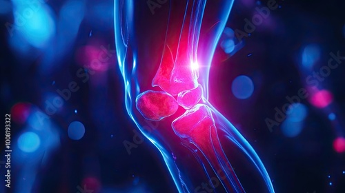 Detailed illustration of a knee joint, showcasing its structure with vibrant colors for educational or medical purposes.