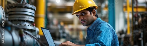 Engineer Monitoring Factory Equipment with Laptop, Industrial Setting