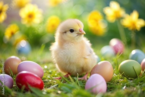 Charming baby chick surrounded by colorful Easter eggs in a lush green garden with blooming flowers