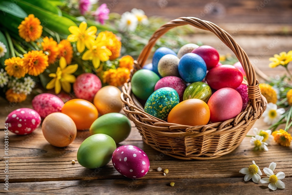 Festive basket filled with colorful Easter eggs surrounded by fresh flowers on rustic wooden background Festive basket filled with colorful Easter eggs surrounded by fresh flowers on rustic wooden background