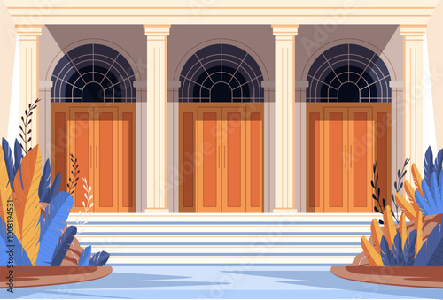Theater entrance with columns and plants architectural building facade with steps and large doors elegant exterior