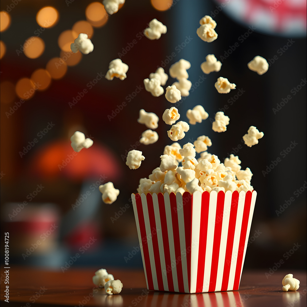 Red and white popcorn box. Full popcorn in classic popcorn box. AI generated image, ai. Red and white popcorn box. Full popcorn in classic popcorn box. AI generated image, ai.