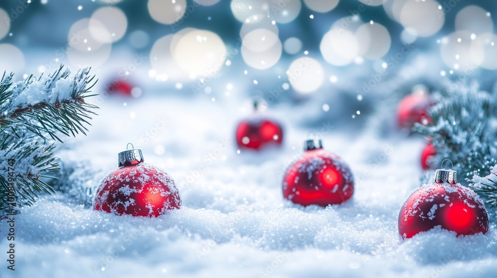 Christmas Baubles On Snowing landscape Christmas Baubles On Snowing landscape