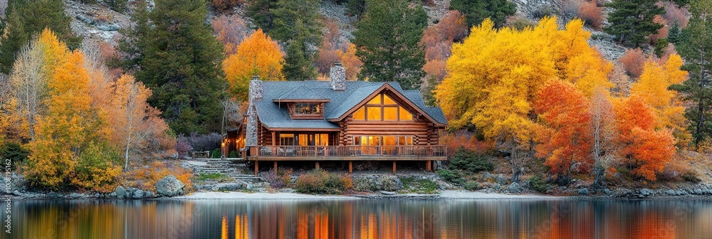 Obraz premium beautiful cabin lake front property in the mountains, colorful autumn,