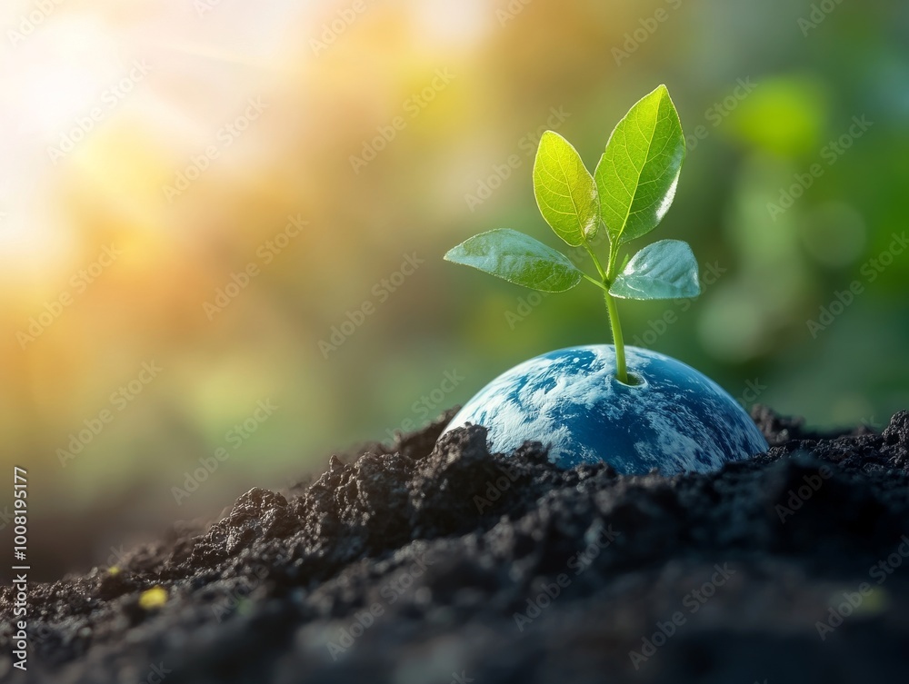 2408 10.A close-up of a tiny green sprout emerging from the Earth, its delicate leaves glowing in sunlight against the backdrop of a vibrant, detailed globe. The image evokes a sense of nurturing the
