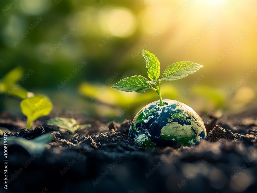2408 10.A close-up of a tiny green sprout emerging from the Earth, its delicate leaves glowing in sunlight against the backdrop of a vibrant, detailed globe. The image evokes a sense of nurturing the 2408 10.A close-up of a tiny green sprout emerging from the Earth, its delicate leaves glowing in sunlight against the backdrop of a vibrant, detailed globe. The image evokes a sense of nurturing the