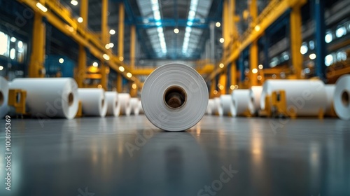 Paper rolls stored in a large warehouse with industrial equipment.