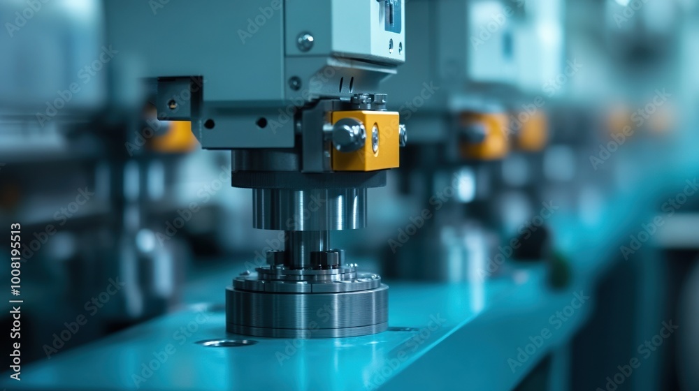 Precision industrial machinery part in a modern factory setting. Precision industrial machinery part in a modern factory setting.