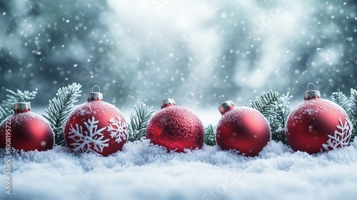 Christmas Baubles On Snowing landscape