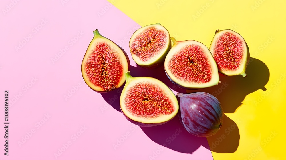 Vibrant and fresh figs displayed on a colorful background, showcasing their juicy texture and rich pink interior. Vibrant and fresh figs displayed on a colorful background, showcasing their juicy texture and rich pink interior.