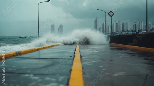 Strong waves crashing on a city coastal road with cloudy skies. photo