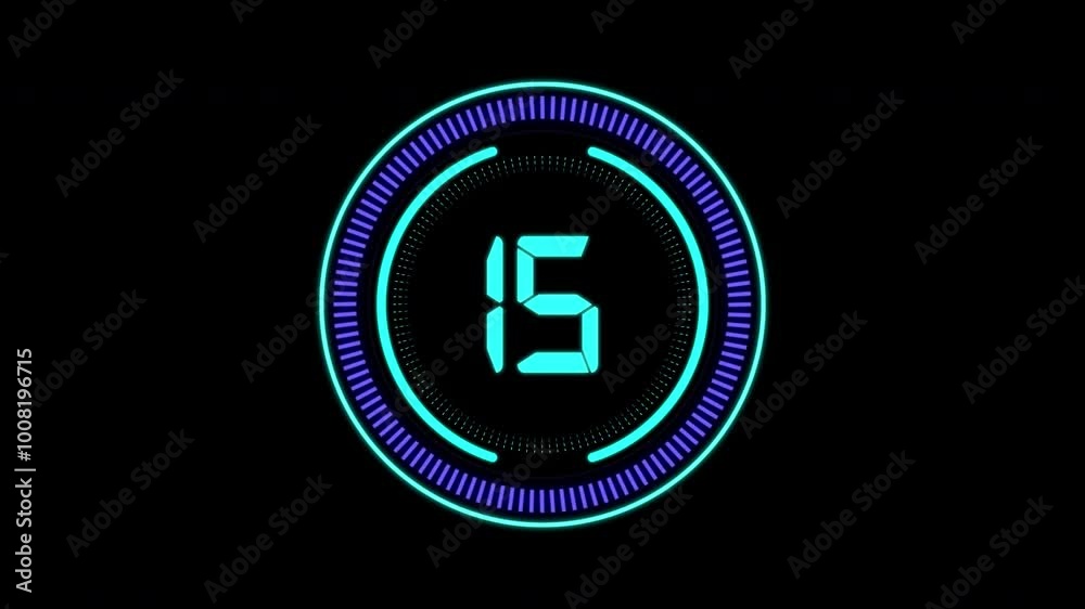 Twenty second (20-0) countdown digital stop watch timer in futuristic circle rings, transparent background
Twenty second (20-0) countdown digital stop watch timer in futuristic circle rings, transparent background
