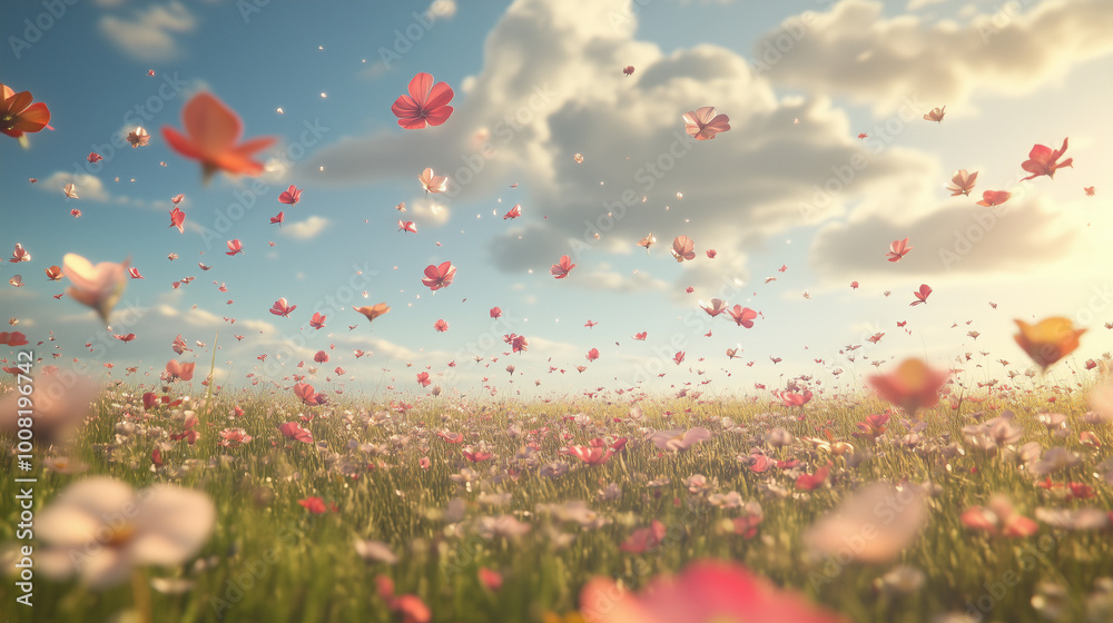 Fototapeta premium Na szerokim, otwartym polu kwiatów panuje prawdziwy festiwal barw. Setki kwiatów o różnorodnych kształtach i kolorach rozkwitają w promieniach słońca.