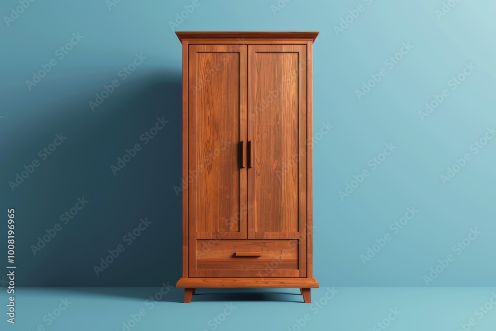 Elegant wooden wardrobe on a minimalist blue backdrop showcasing craftsmanship and design perfection Elegant wooden wardrobe on a minimalist blue backdrop showcasing craftsmanship and design perfection