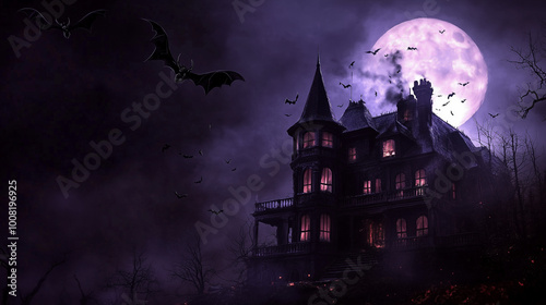 Nawiedzony dom, z przytłaczającym klimatem strachu, wznosi się na wzg&oacute;rzu, z długimi cieniami rzucanymi przez umarłych drzew.