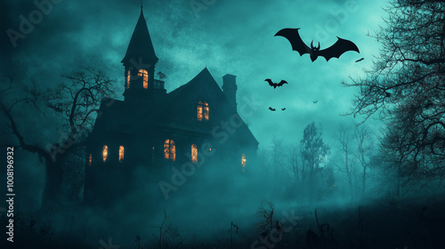 Nawiedzony dom, z przytłaczającym klimatem strachu, wznosi się na wzg&oacute;rzu, z długimi cieniami rzucanymi przez umarłych drzew.