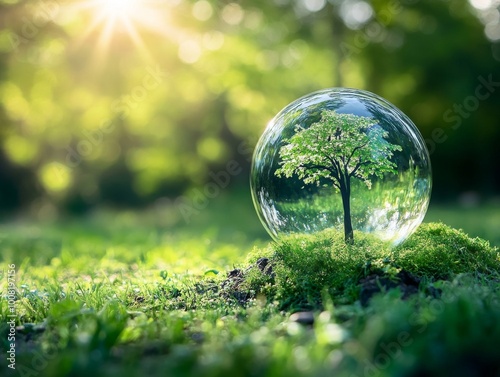 2408 45.A transparent crystal globe rests on a patch of green grass, with a small tree symbolizing growth and sustainability. Sunlight filters through, reflecting the balance between environmental