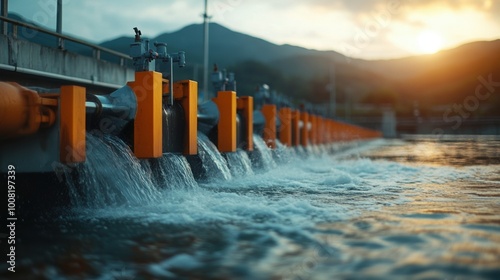 Water flowing through a dam at sunset, with vibrant colors and mountainous backdrop. photo