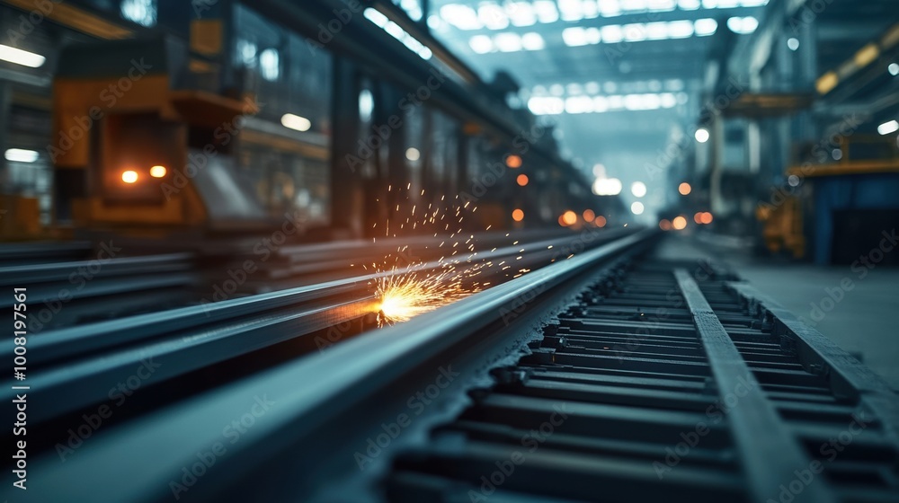Welding sparks illuminating industrial rail tracks in a factory setting. Welding sparks illuminating industrial rail tracks in a factory setting.