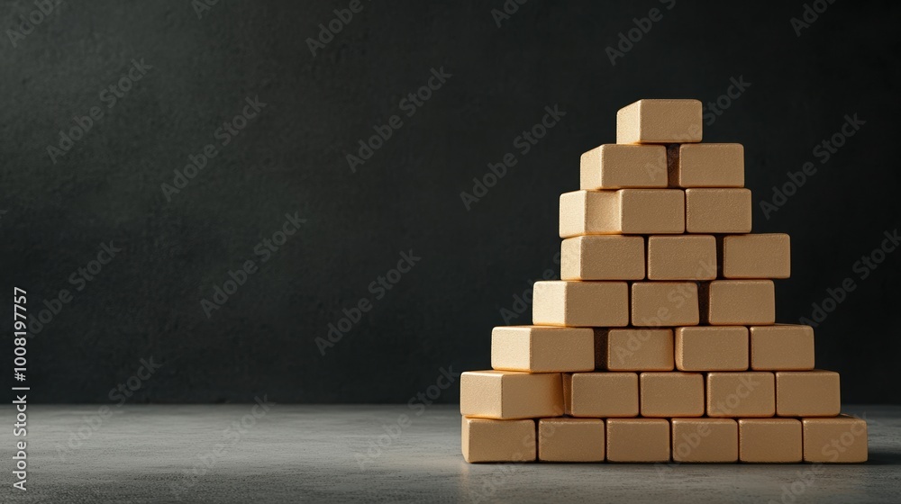 Wooden blocks stacked in a pyramid shape against a dark background. Wooden blocks stacked in a pyramid shape against a dark background.