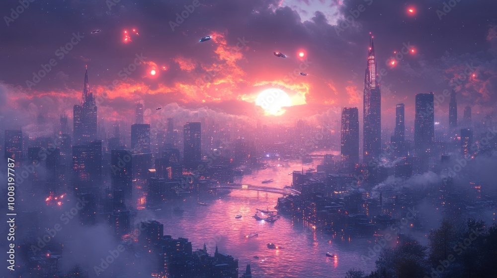 Fototapeta premium Futuristic Cityscape at Sunset