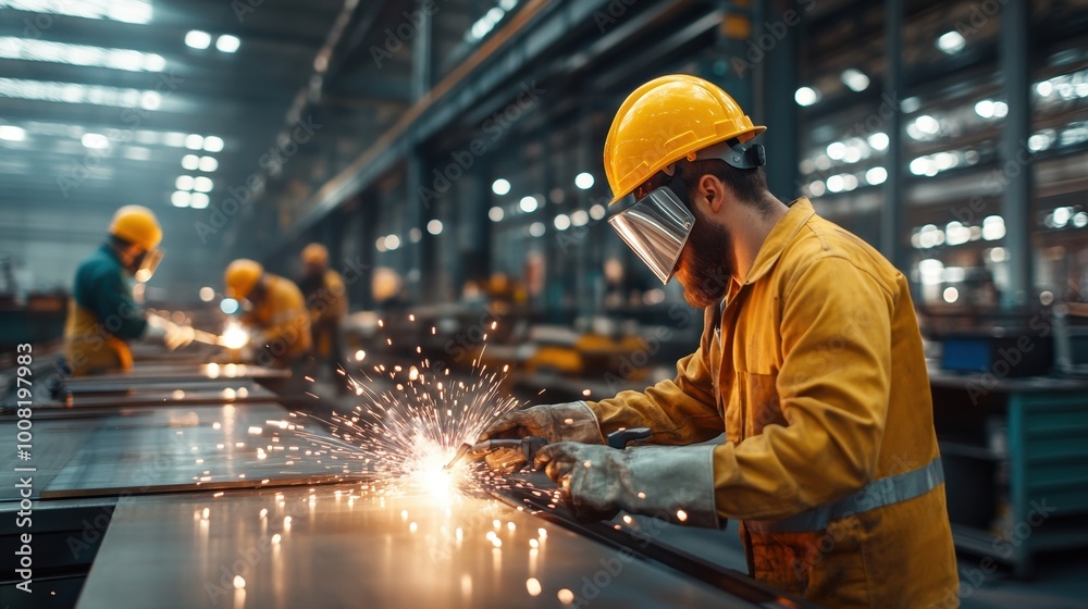 Worker in a yellow helmet welding in a factory with sparks flying. Worker in a yellow helmet welding in a factory with sparks flying.