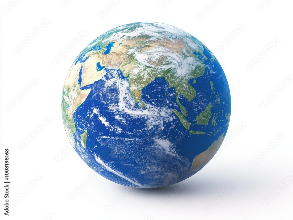 2408 71.A vibrant blue and green globe of Earth is placed against a clean white background, with the continents clearly visible and softly illuminated. The stark simplicity of the background draws