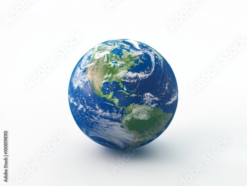 2408 71.A vibrant blue and green globe of Earth is placed against a clean white background, with the continents clearly visible and softly illuminated. The stark simplicity of the background draws