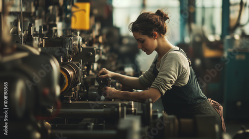 W industrialnym otoczeniu fabryki, silna i zdecydowana kobieta obsługuje skomplikowaną maszynę.