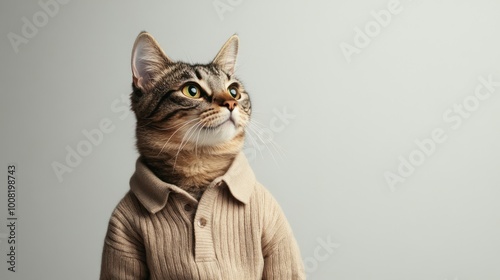 Trendy cat in a henley shirt against a light gray backdrop, embodying Bella Swan's fashion vibe. Room for text. Stylish and playful design. --ar 16:9 photo