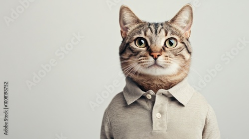 Trendy cat in a henley shirt against a light gray backdrop, embodying Bella Swan's fashion vibe. Room for text. Stylish and playful design. --ar 16:9 photo