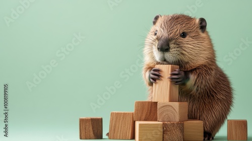 Clever beaver constructing a wooden block dam on a light green backdrop. Flood prevention concept with ample copy space. Creative design for environmental themes. photo