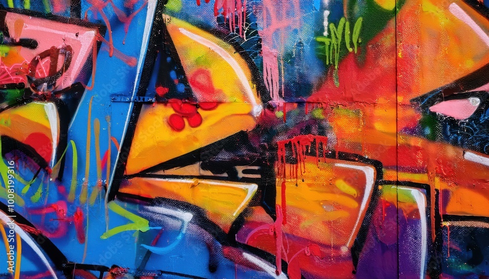Naklejka premium Vibrant Urban Graffiti Mural. Colorful Abstract Street Art Composition Featuring Bold Geometric Shapes, Dynamic Lines, and Layers of Orange, Blue, and Purple Hues Black Outlines and Artistic Textures