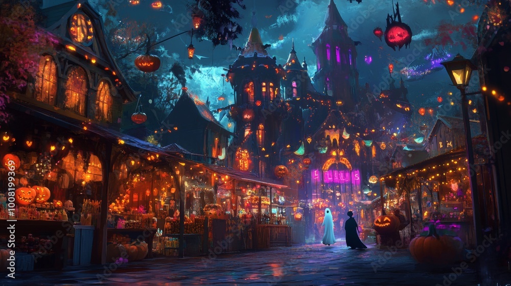 Fototapeta premium A Halloween market in a mystical town with glowing decorations, spooky goods.