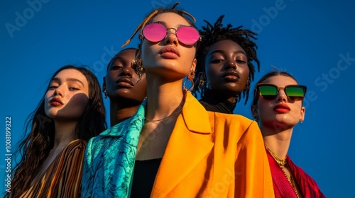 Group of young multicultural friends, including nonbinary person, standing together in stylish attire on dark blue background. photo