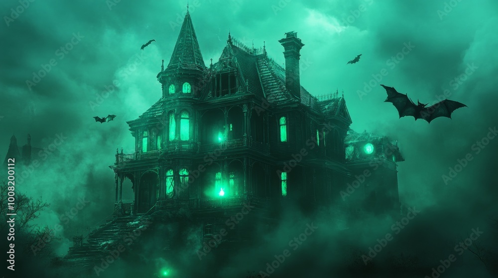 A haunted Victorian house glowing with eerie green lights, surrounded by swirling fog and flying bats. A haunted Victorian house glowing with eerie green lights, surrounded by swirling fog and flying bats.