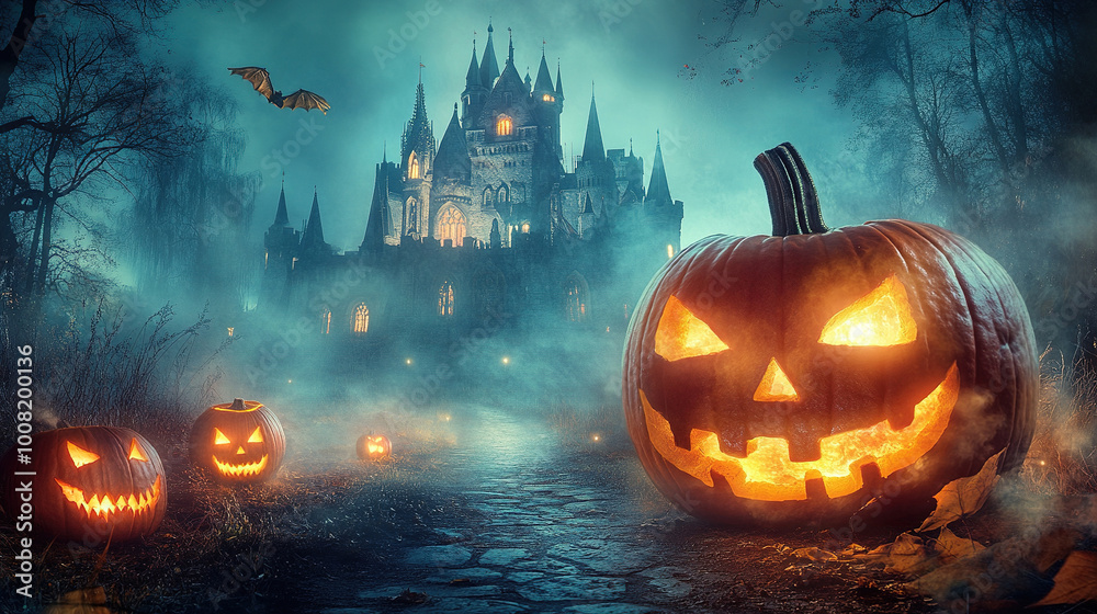 Fototapeta premium Halloween concept background. National Pumpkin Day. Halloween night with pumpkins and jack-o'-lanterns in a dark forest. Halloween pumpkins in spooky scary dark. Halloween Card Party. Copy space 