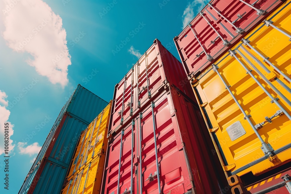 Fototapeta premium Vibrant stacked shipping containers against a blue sky, highlighting global trade and logistics