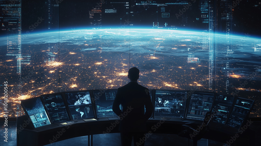 Obraz premium W nowoczesnym Centrum Operacji Sieci otoczone technologią przyszłości, zespół analityków monitoruje globalne połączenia internetowe.