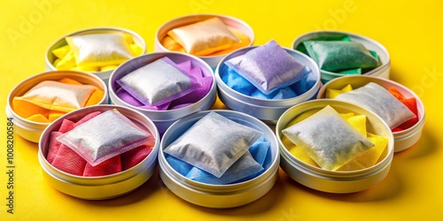 A striking array of colorful snus bags in various flavors displayed on a vivid yellow background, enhancing visual photo