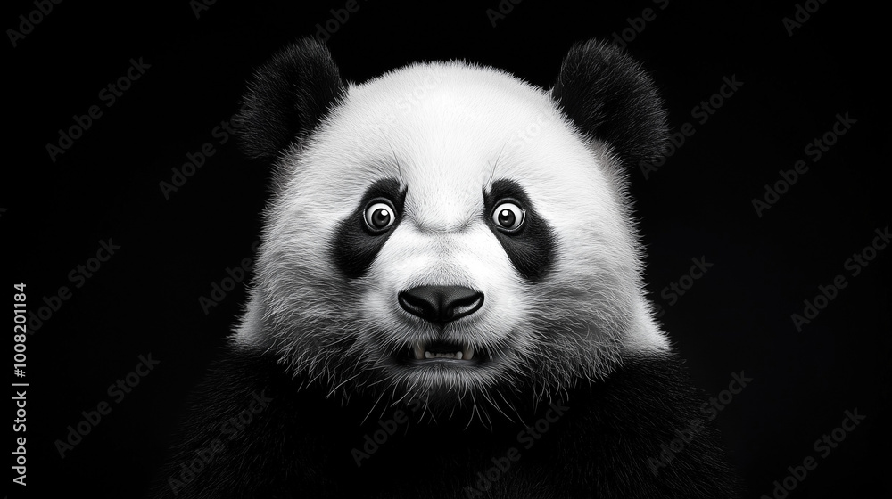 Fototapeta premium Na neutralnym tle, zaskoczona panda patrzy z przerażeniem i ciekawością. Jej duże, okrągłe oczy ukazują prawdziwe zdumienie, a uroczy uśmiech dodaje jej charakteru.